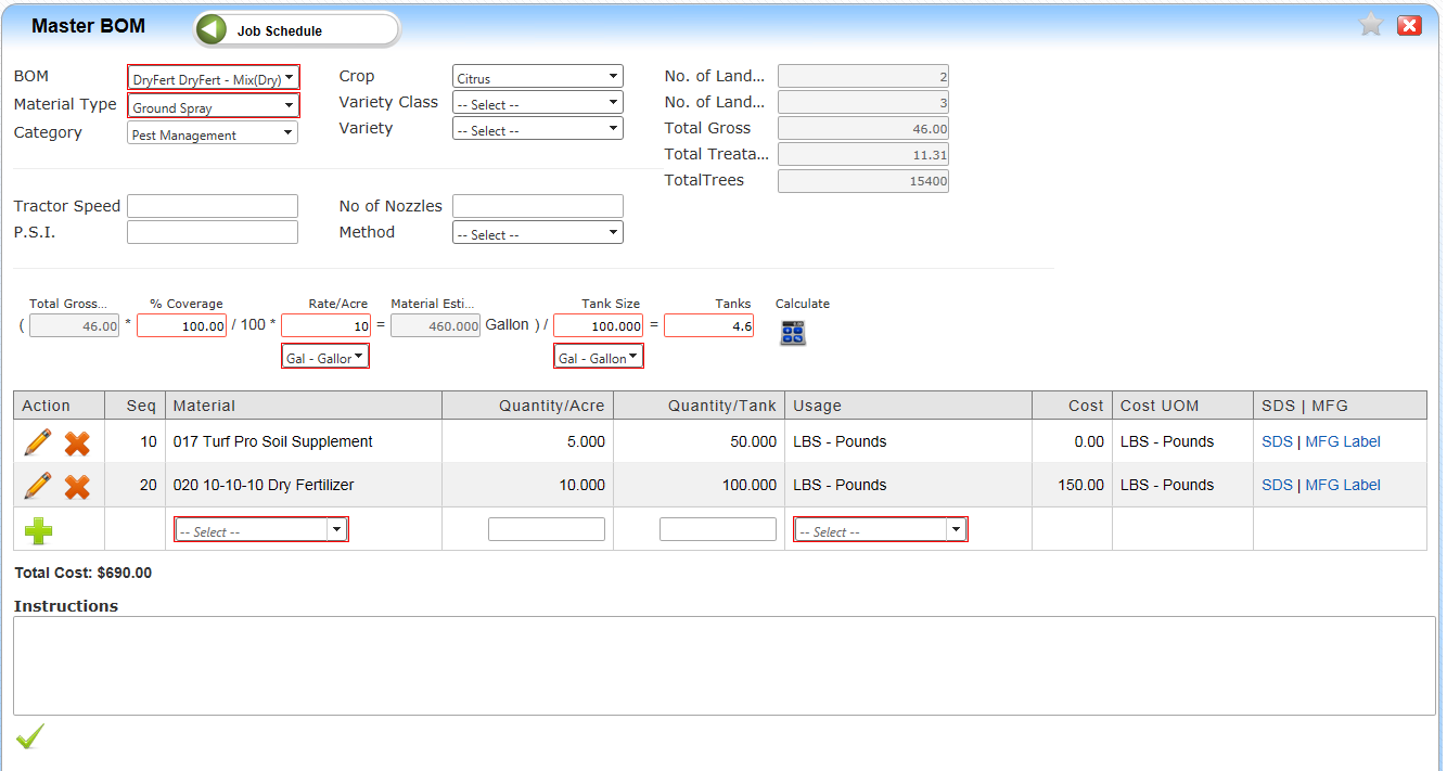 Job Schedule BOM predefined