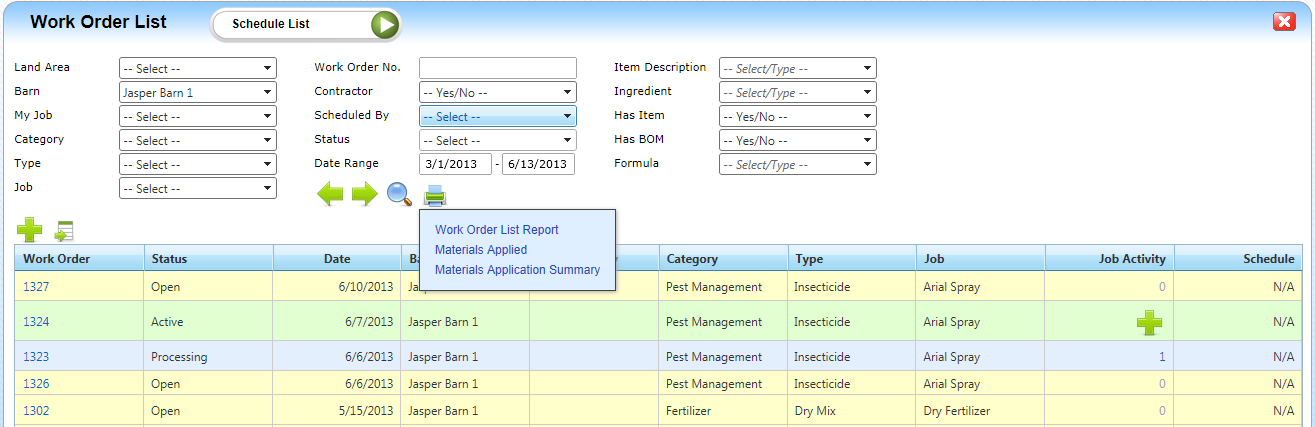 Work Order List reports