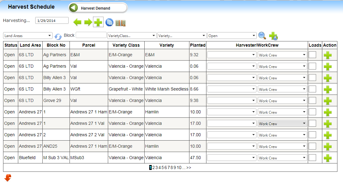 Harvest Schedule List