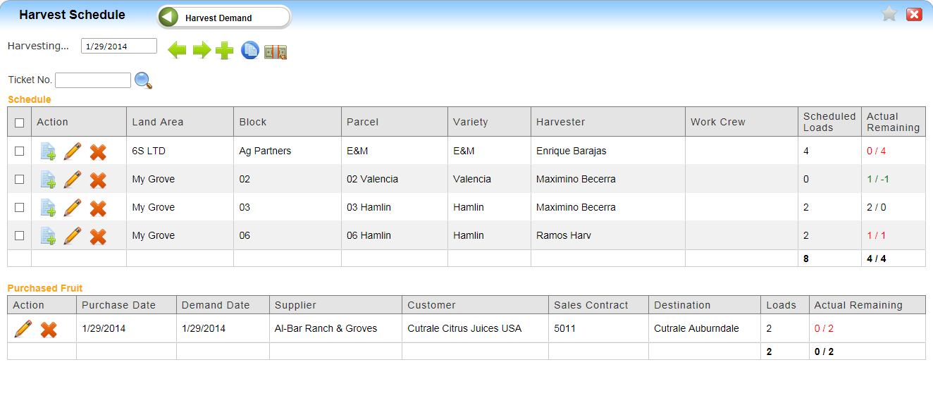 Harvest Schedule Screen