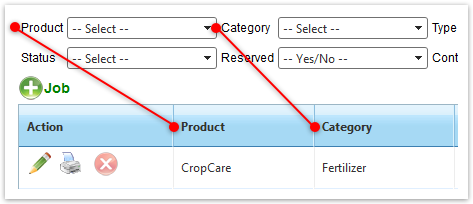 Filters correspond to columns on the Gridview